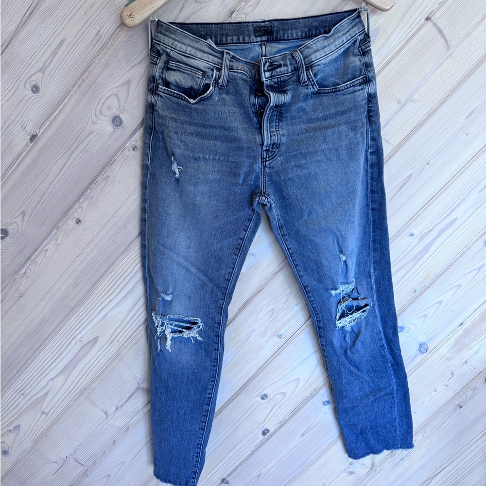 MOTHER Skinny Distressed Blue Jeans